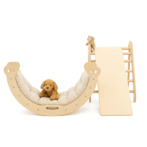 4-in-1 Montessori Kletterdreieck Set – Kletterbogen + Rutsche + Kissen – Indoor Holz Klettergerüst für Kleinkinder von Paraninos